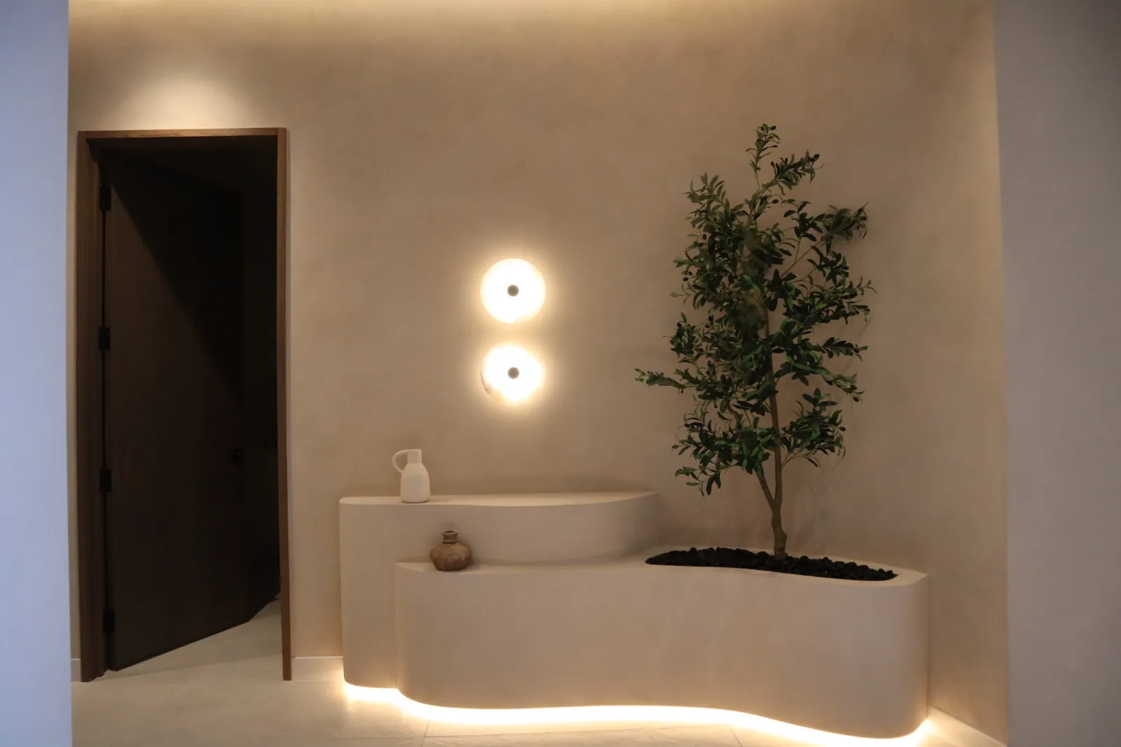 Cloudy two-tone limewash walls surrounding a sculpted console and olive tree planter with underlighting, Envy Cosmetic Clinic Ottawa