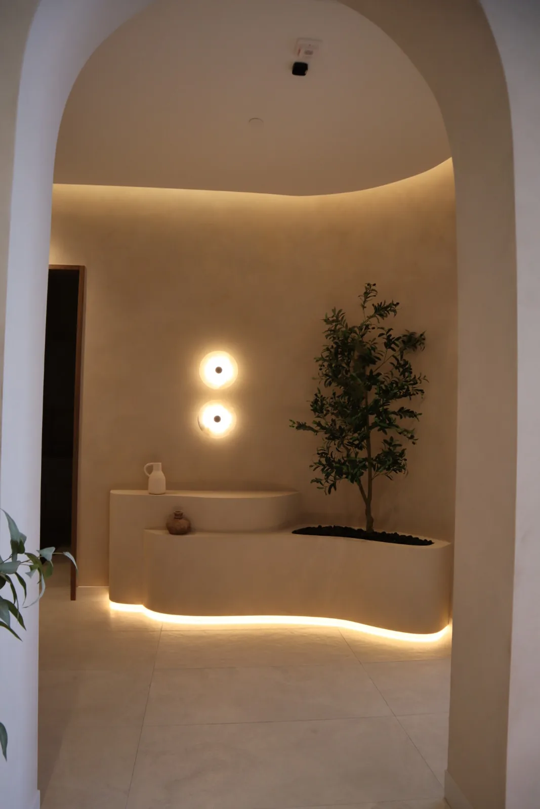Arched passage with hand-brushed limewash walls leading into the treatment corridor of a cosmetic clinic on Bank Street, Ottawa