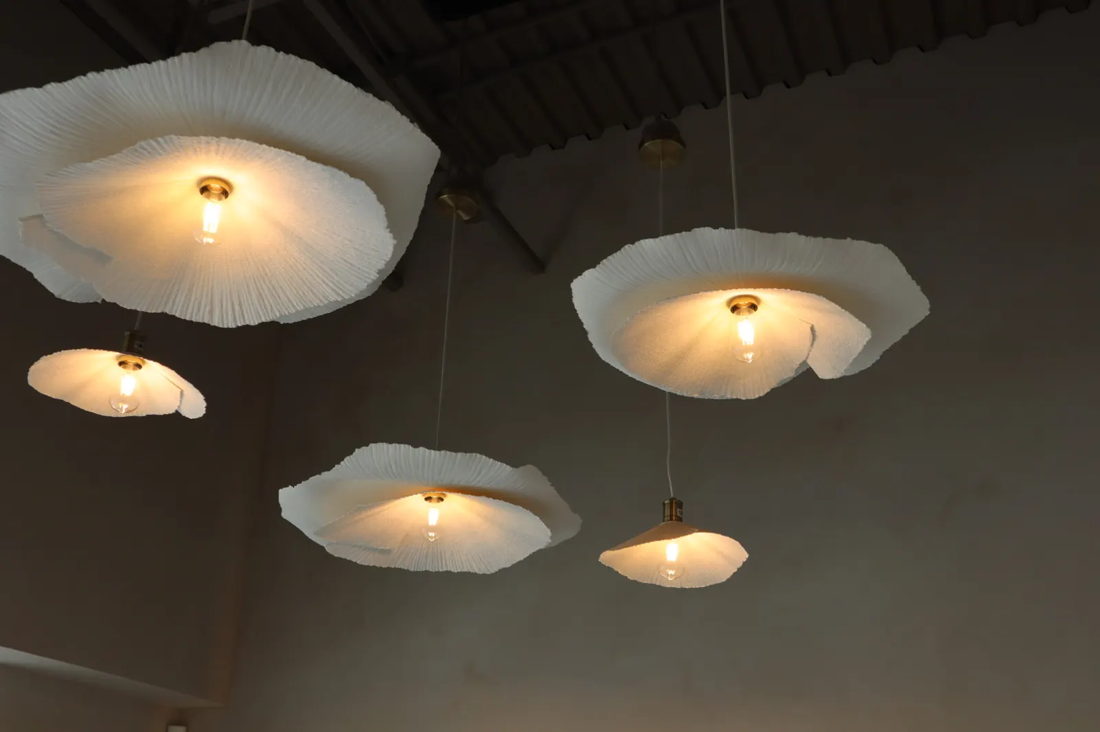 Limewash finish continuing from wall to ceiling under sculptural pendant lights in an Ottawa studio
