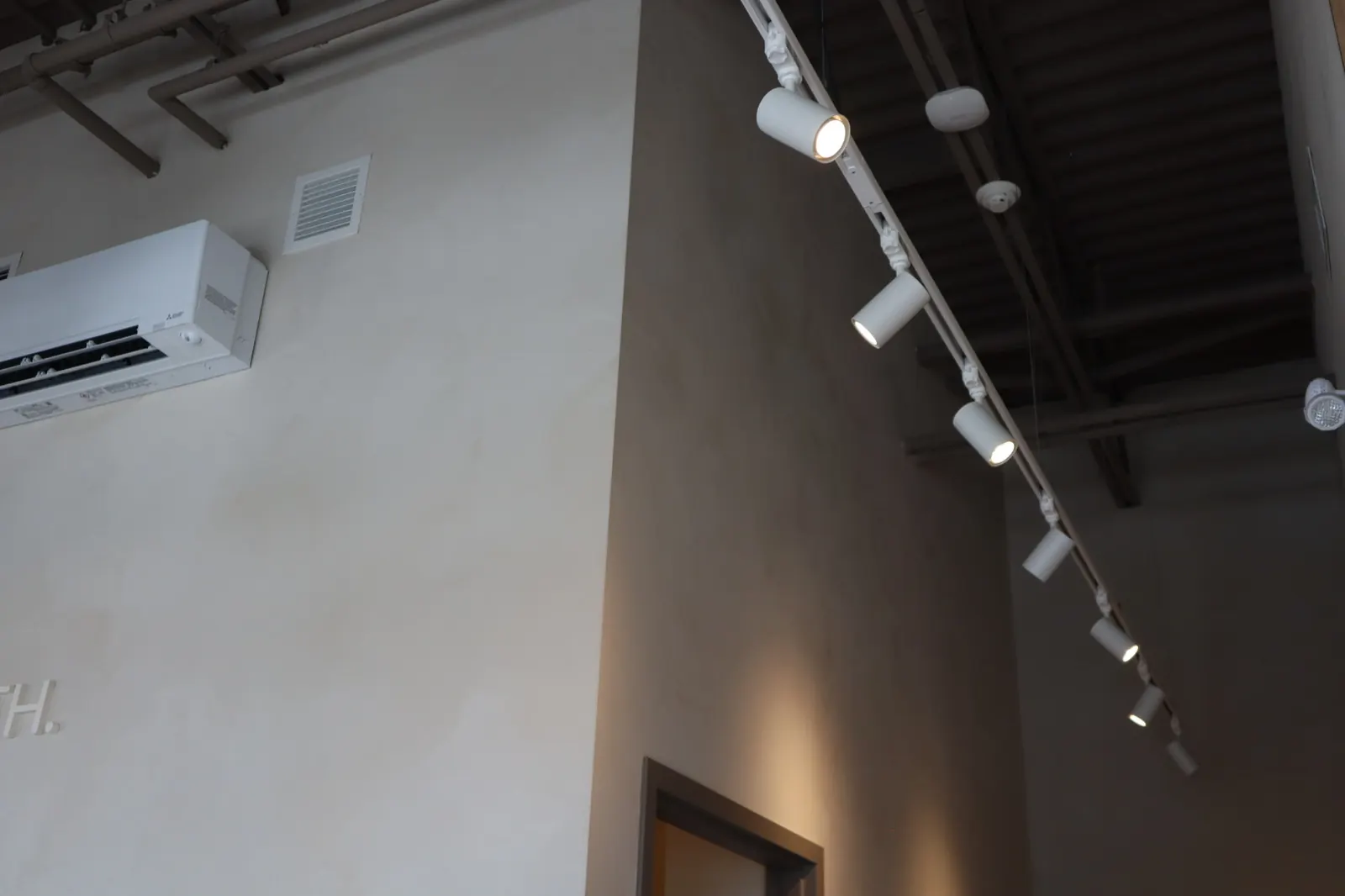 Limewash wall and ceiling detail with track lighting at an Ottawa fitness studio